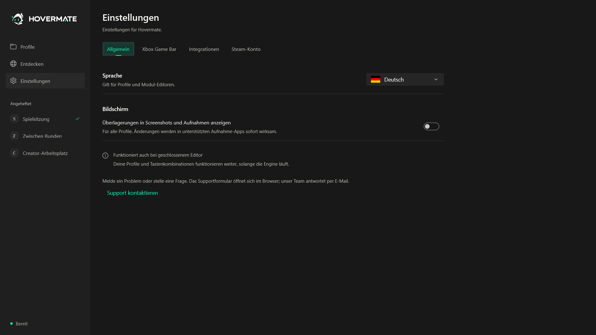 Hovermate-Einstellungen für Anwendung und Overlay