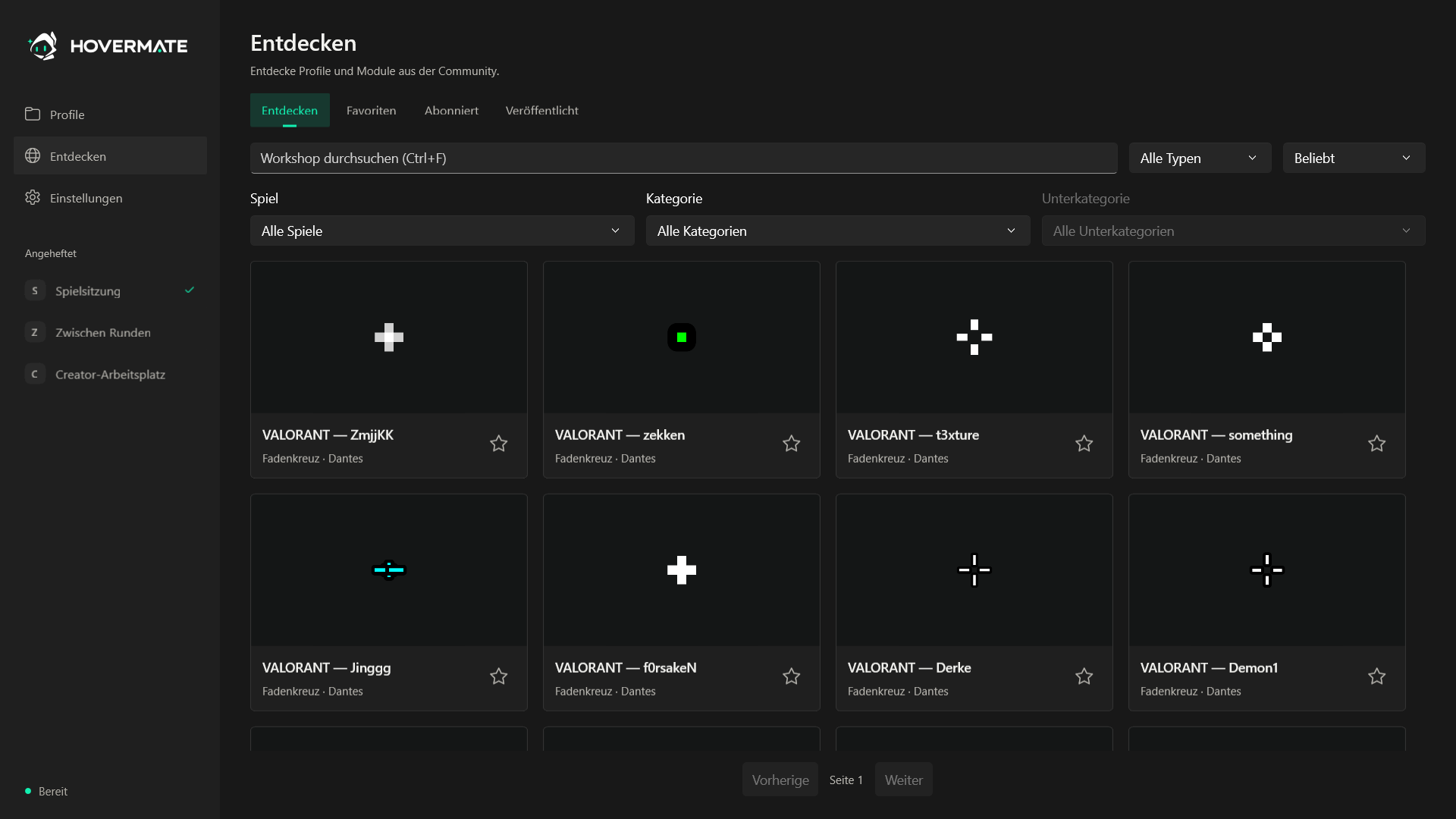 Steam-Workshop-Ansicht in Hovermate mit Inhaltsfiltern und Elementdetails