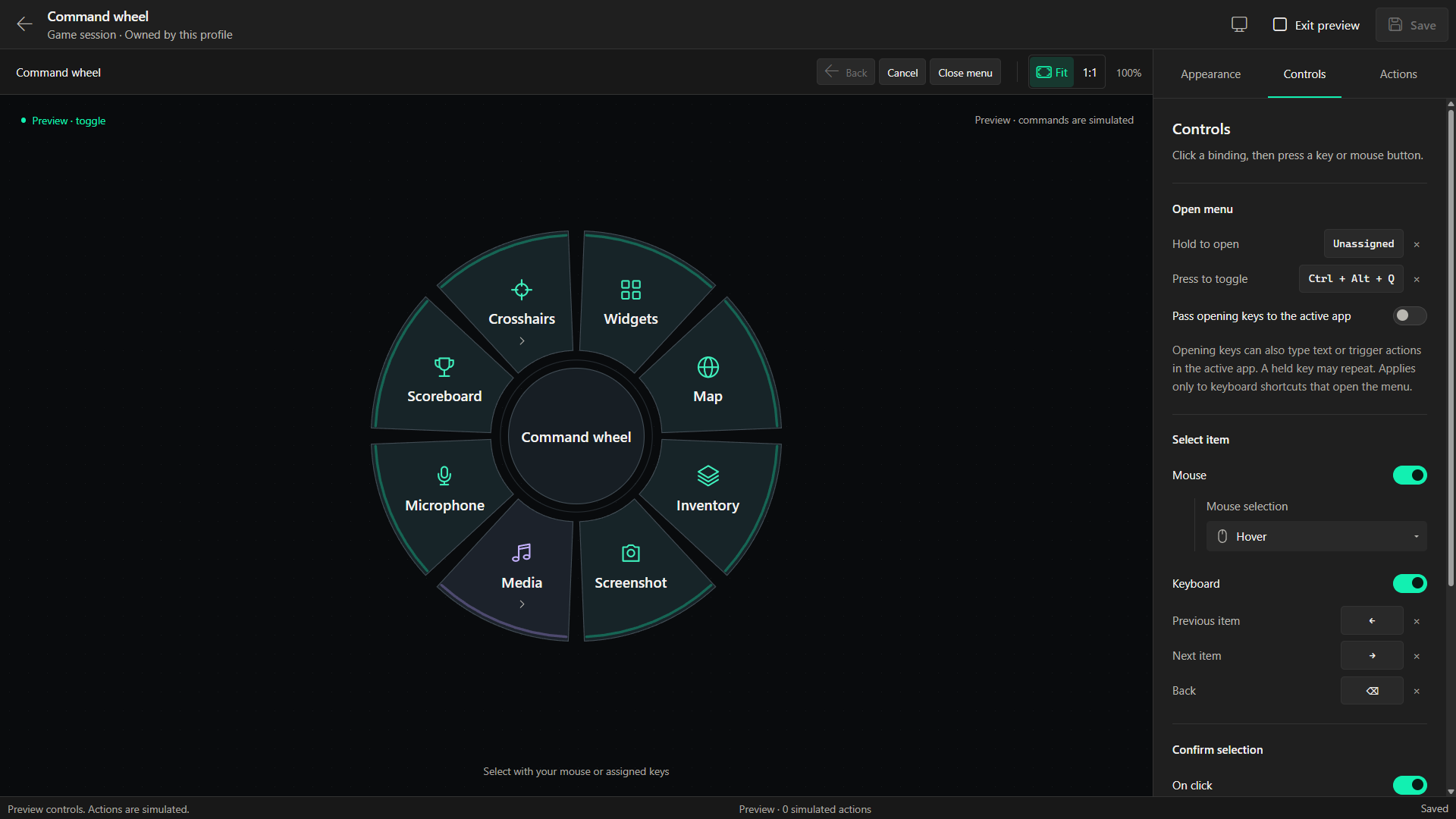 Hovermate Action Menu editor showing a configured radial menu and shortcuts
