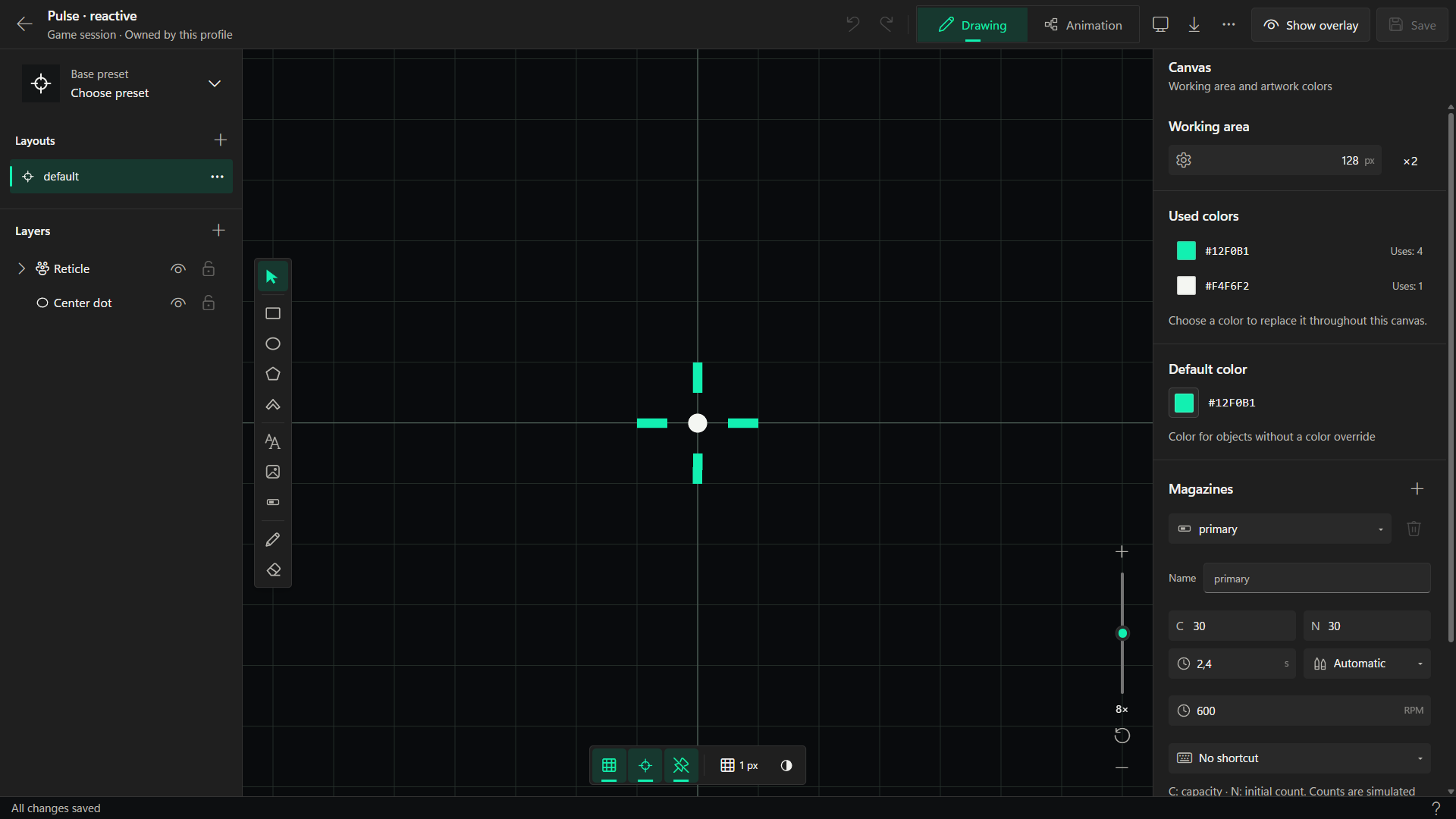 Hovermate Crosshair editor with a layered crosshair and animation settings