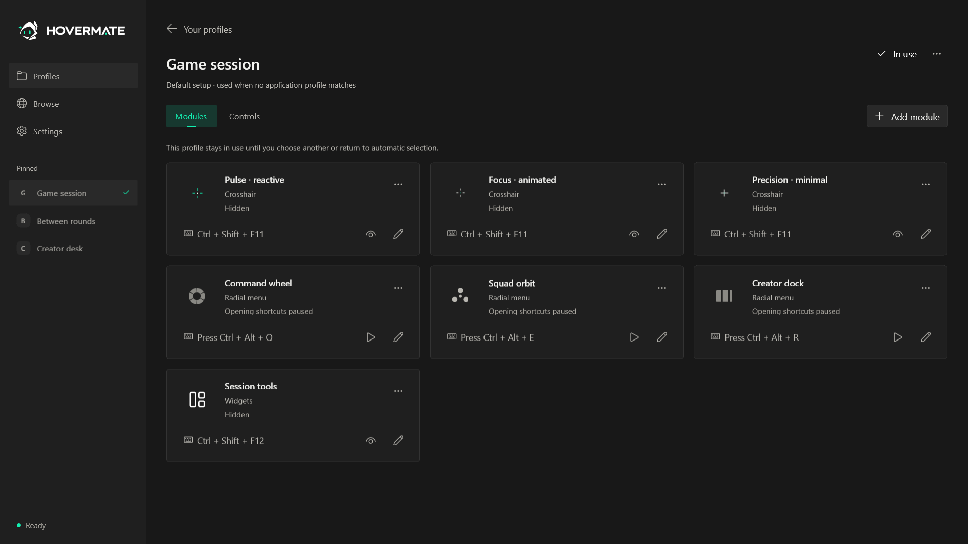 Hovermate Home workspace showing the prepared profile and overlay modules