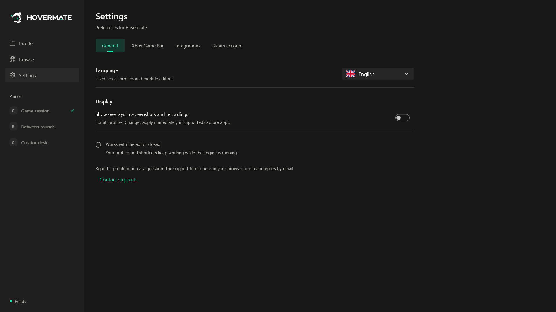 Hovermate settings showing application and overlay configuration