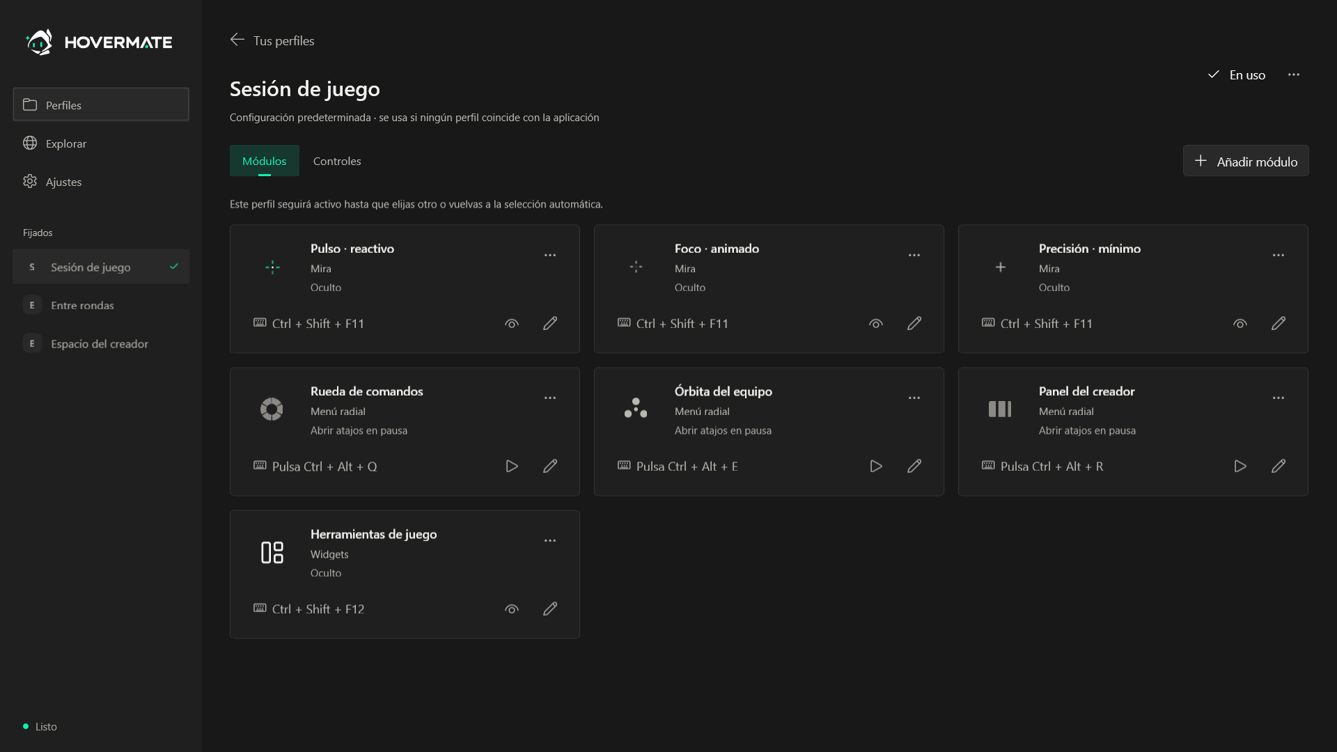 Inicio de Hovermate con un perfil configurado y módulos del overlay