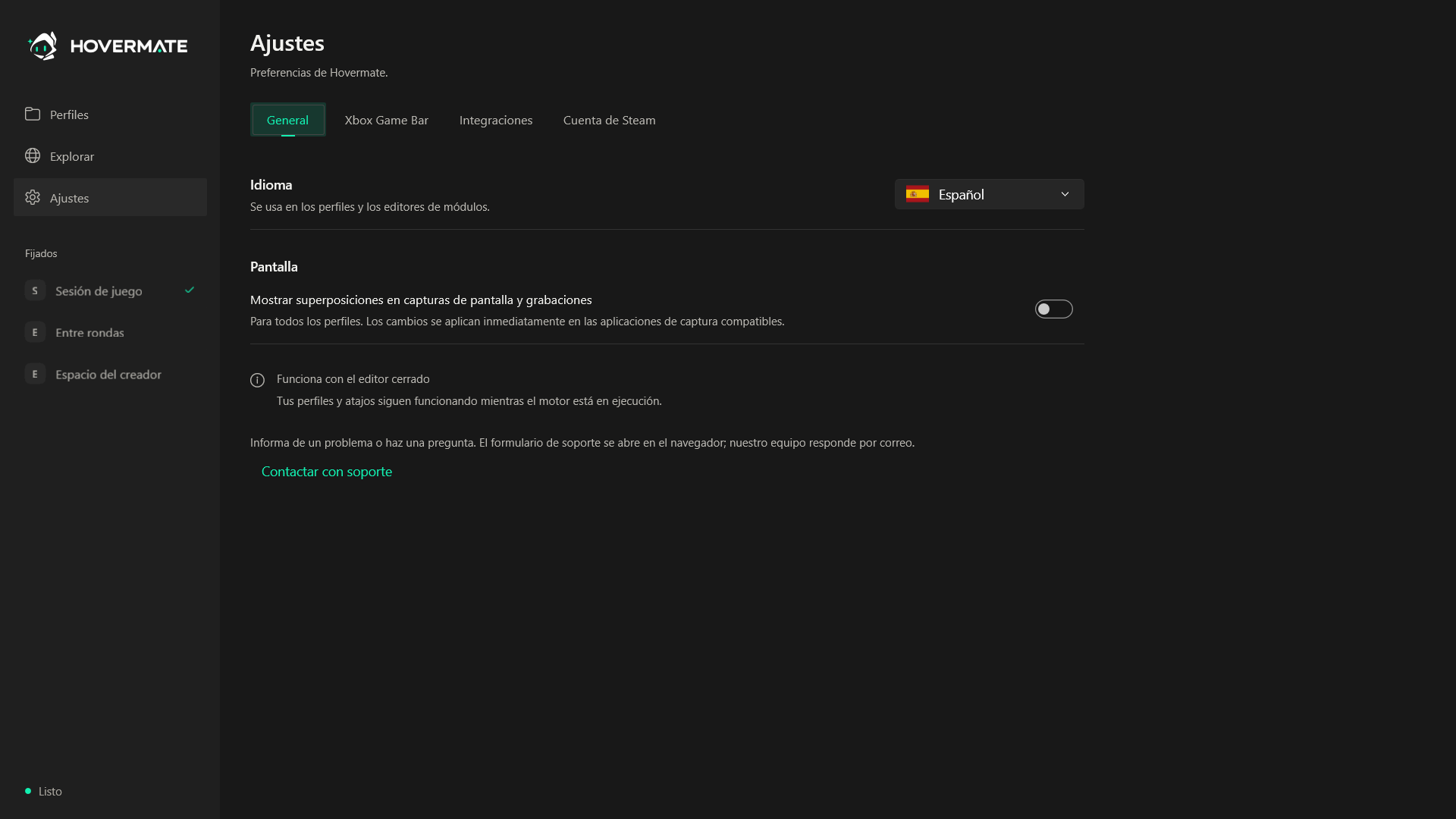 Ajustes de Hovermate para la aplicación y el overlay