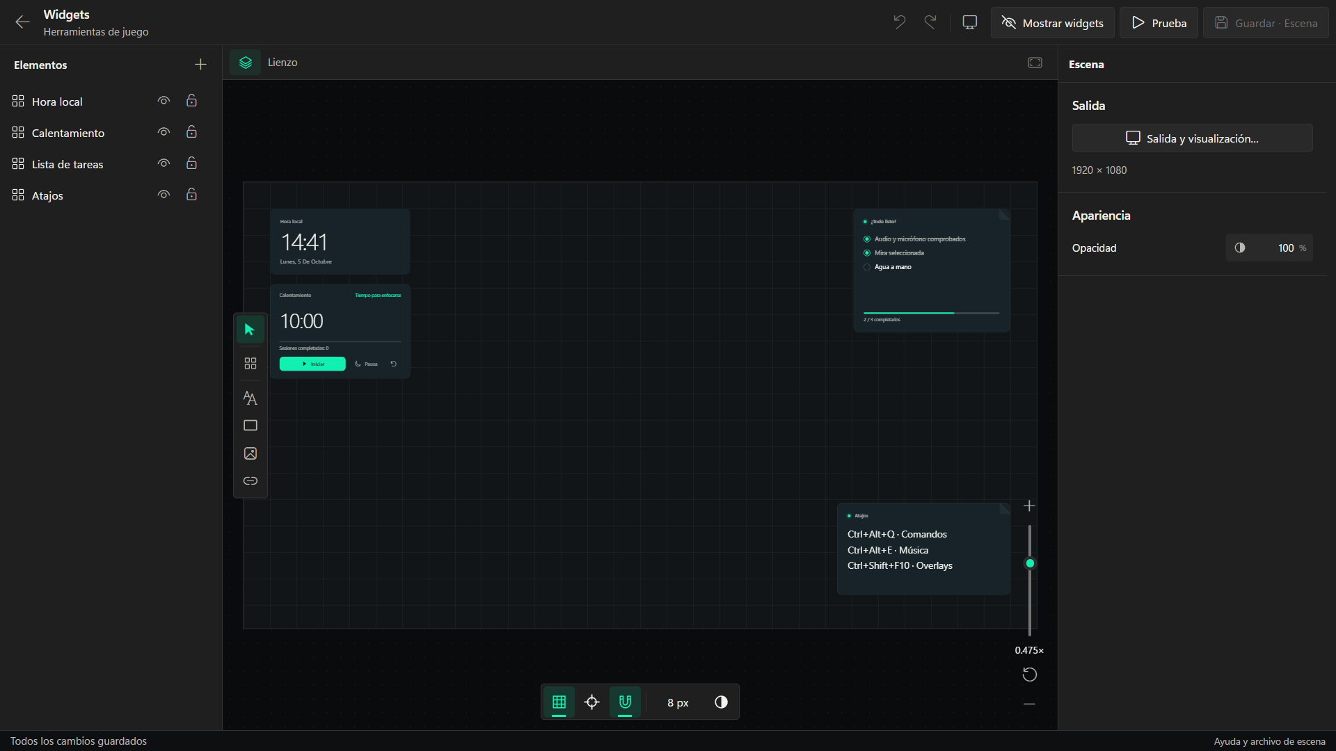 Editor de widgets de Hovermate con una escena configurada