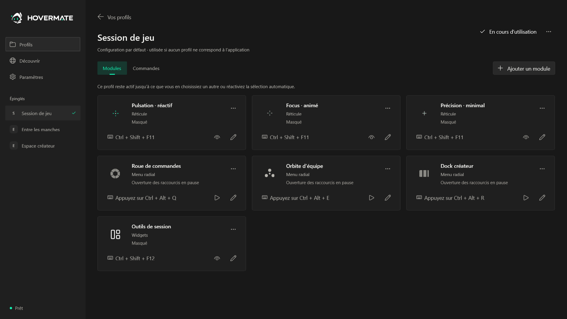 Accueil de Hovermate avec un profil configuré et ses modules d’overlay