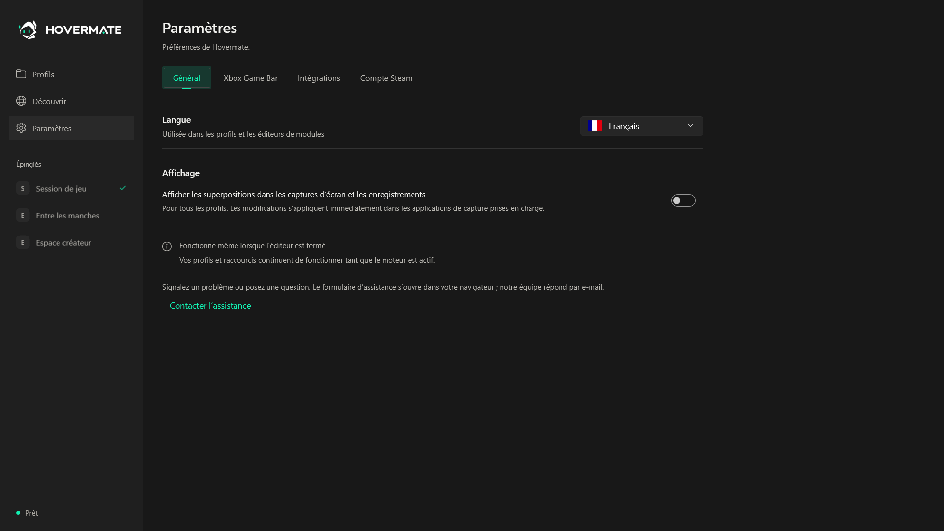 Réglages de Hovermate pour l’application et l’overlay