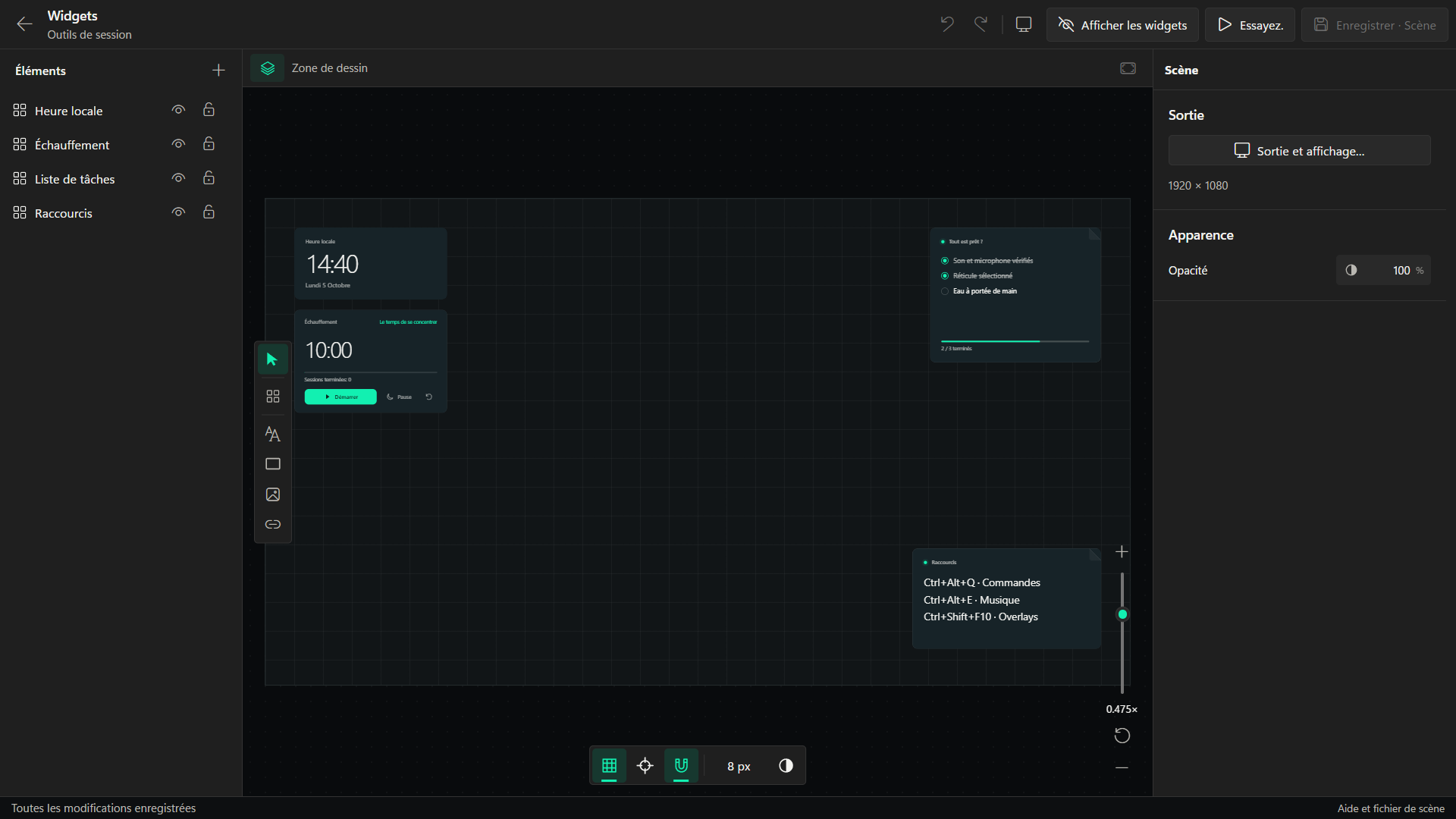 Éditeur de widgets Hovermate avec une scène configurée