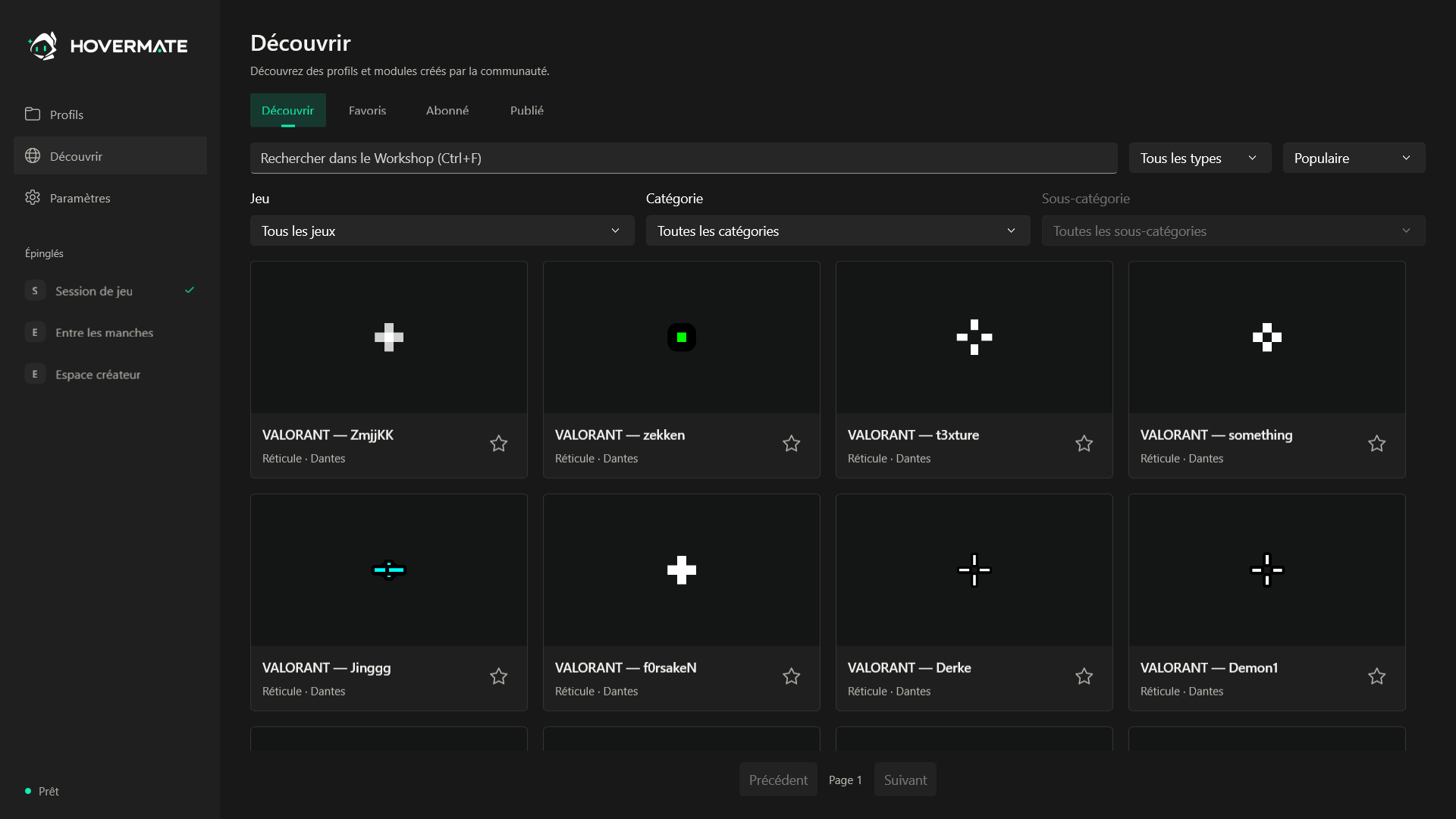 Navigateur Steam Workshop de Hovermate avec filtres et détails des éléments