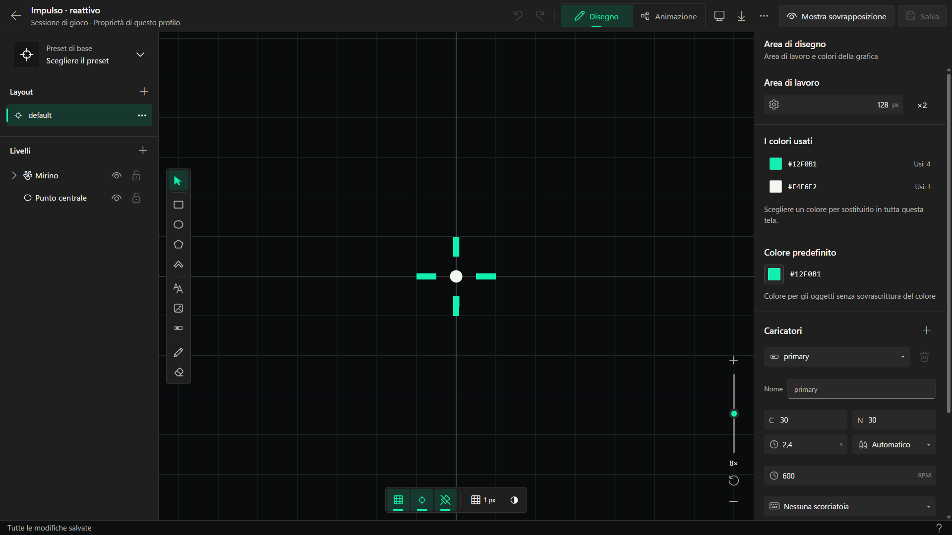 Editor di mirini Hovermate con livelli e impostazioni di animazione