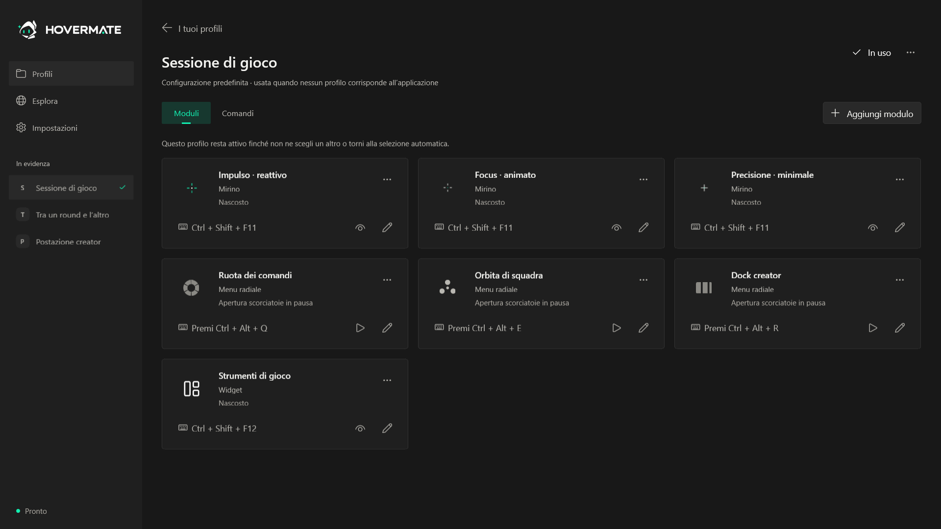 Schermata iniziale di Hovermate con un profilo configurato e i moduli dell’overlay
