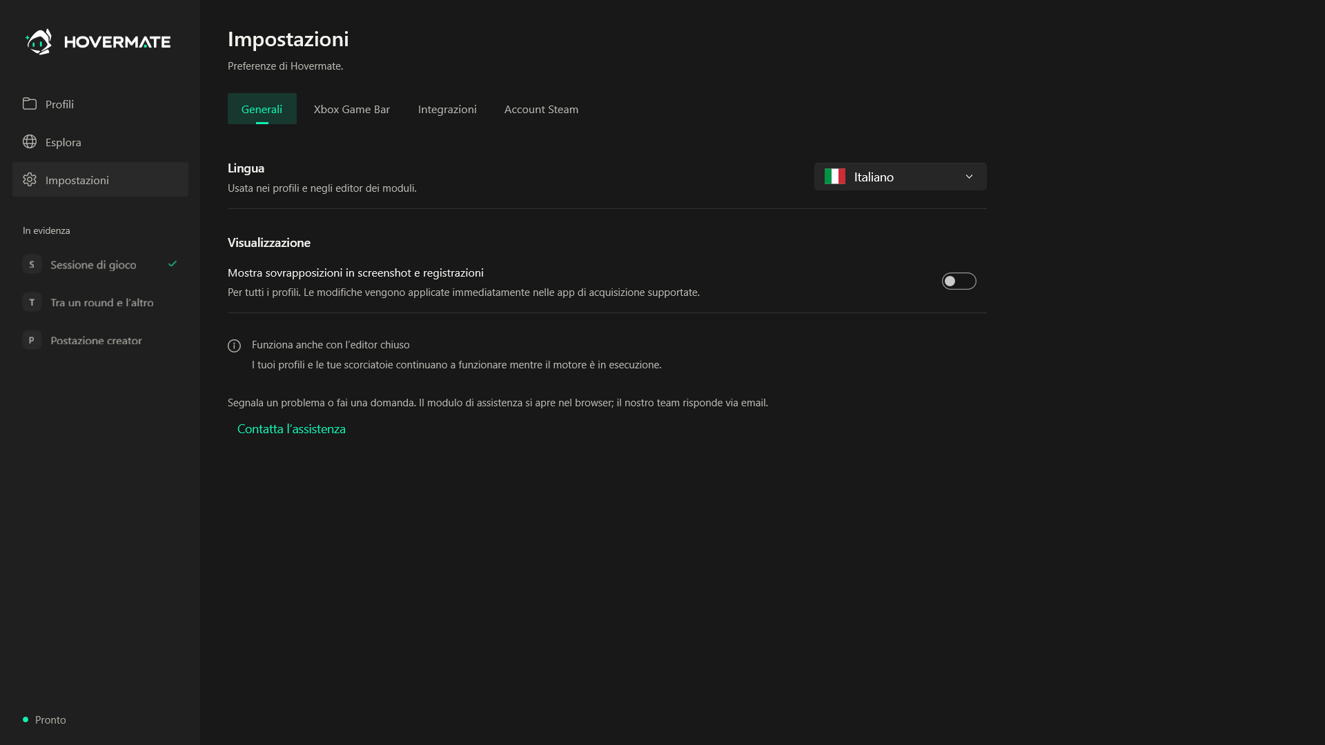 Impostazioni di Hovermate per l’applicazione e l’overlay